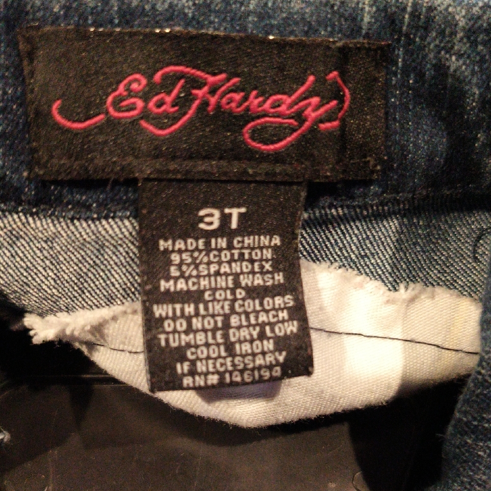 FINAL PRICE NWOT Ed Hardy Blue Denim Distressed Jacket with Iconic Red Logo 3T